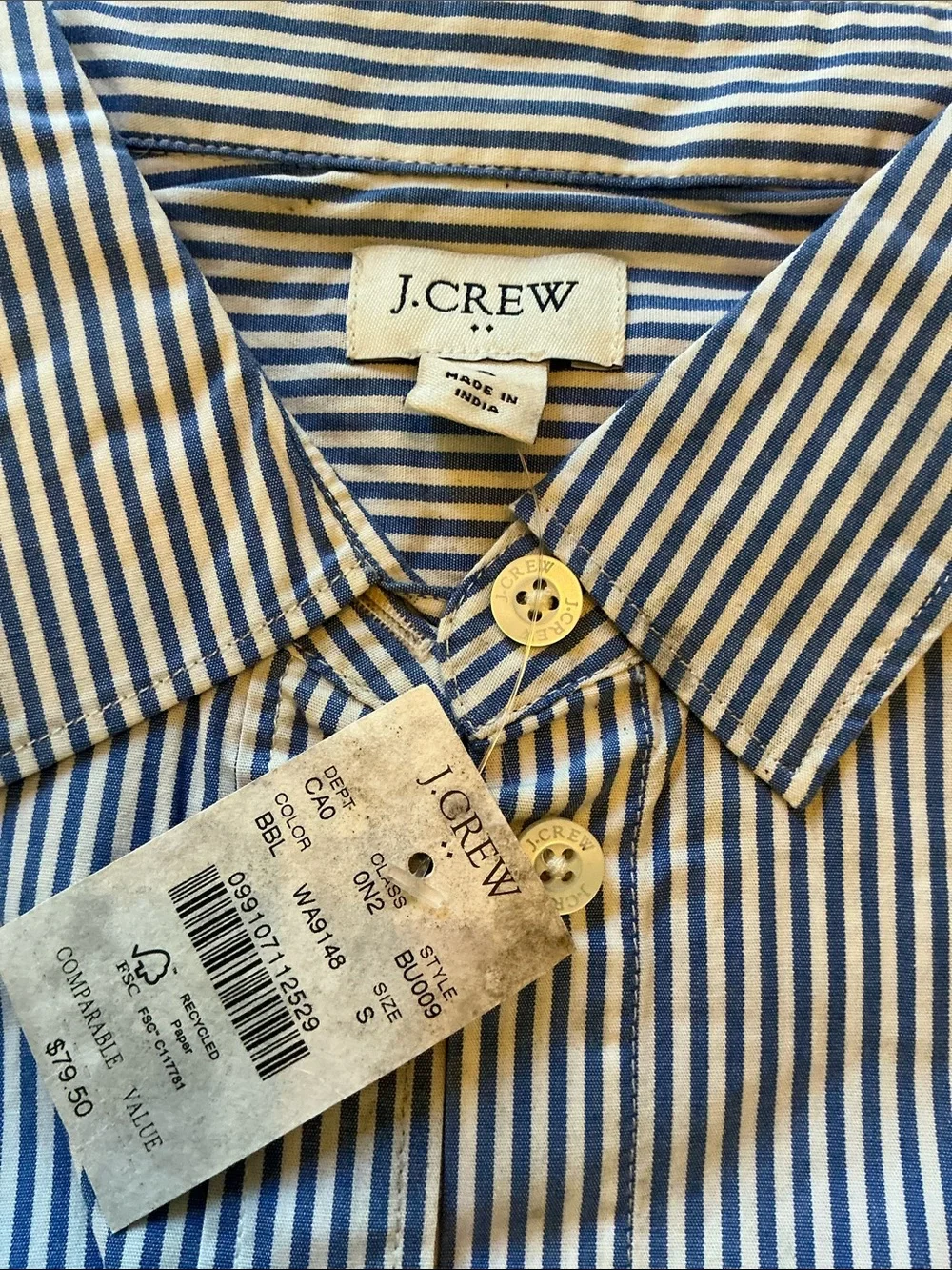 NWT J. Crew Button-up Blue Striped cotton poplin shirt Sz S - NEEDS WASH